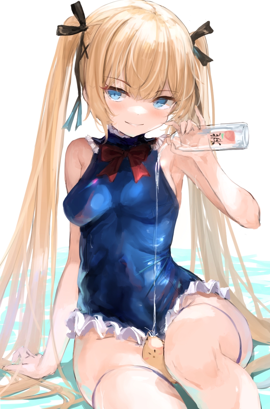 1girl 7gao azur_lane bangs blonde_hair blue_eyes blue_swimsuit bottle bow bowtie breasts commentary_request covered_navel dead_or_alive eyebrows_visible_through_hair highres holding holding_bottle long_hair manjuu_(azur_lane) marie_rose medium_breasts one-piece_swimsuit red_neckwear simple_background sitting smile swimsuit white_background