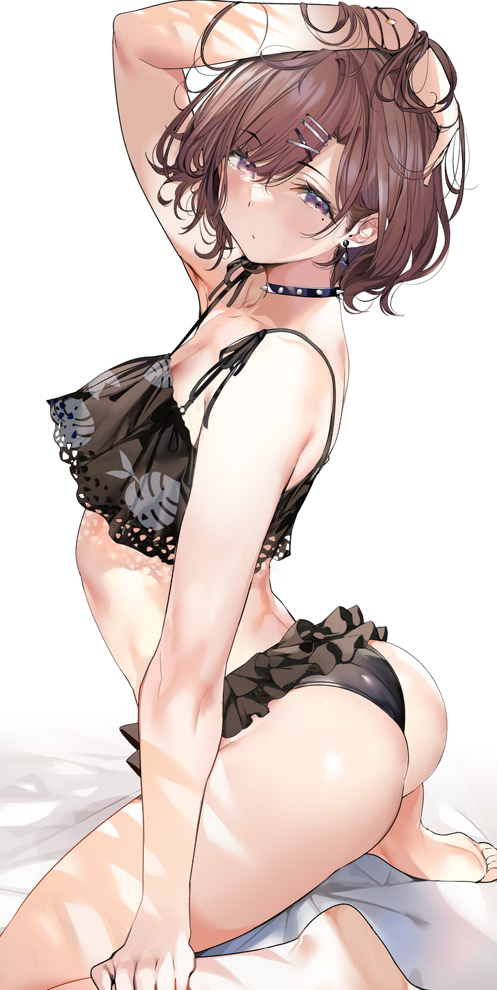 1girl arched_back ass bikini black_bikini blush brown_hair choker closed_mouth frills hair_ornament hand_in_hair head_tilt highres higuchi_madoka idolmaster idolmaster_shiny_colors kneeling looking_at_viewer marushin_(denwa0214) short_hair solo swimsuit violet_eyes white_background