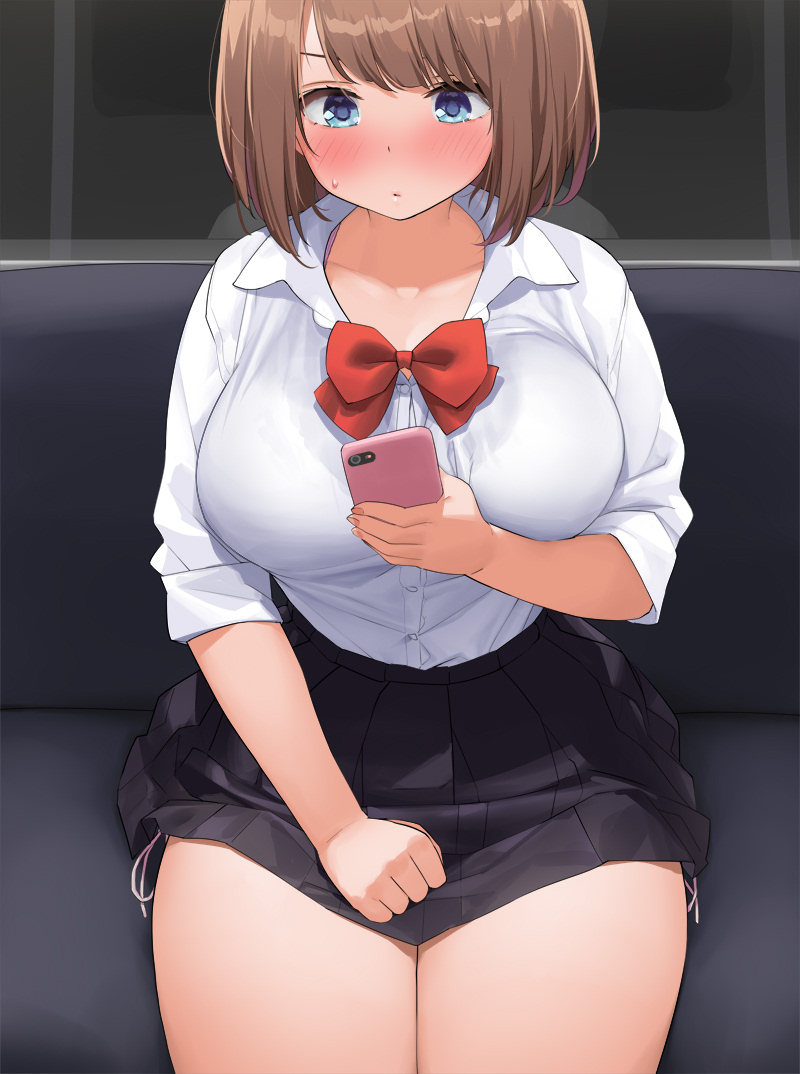 1girl bangs black_shirt blue_eyes blush bow bowtie breasts brown_hair cellphone commentary_request holding holding_phone kaisen_chuui large_breasts original panties phone pleated_skirt red_bow red_neckwear school_uniform shirt short_hair short_sleeves side-tie_panties side-tie_peek sitting skirt smartphone solo train_interior underwear white_shirt