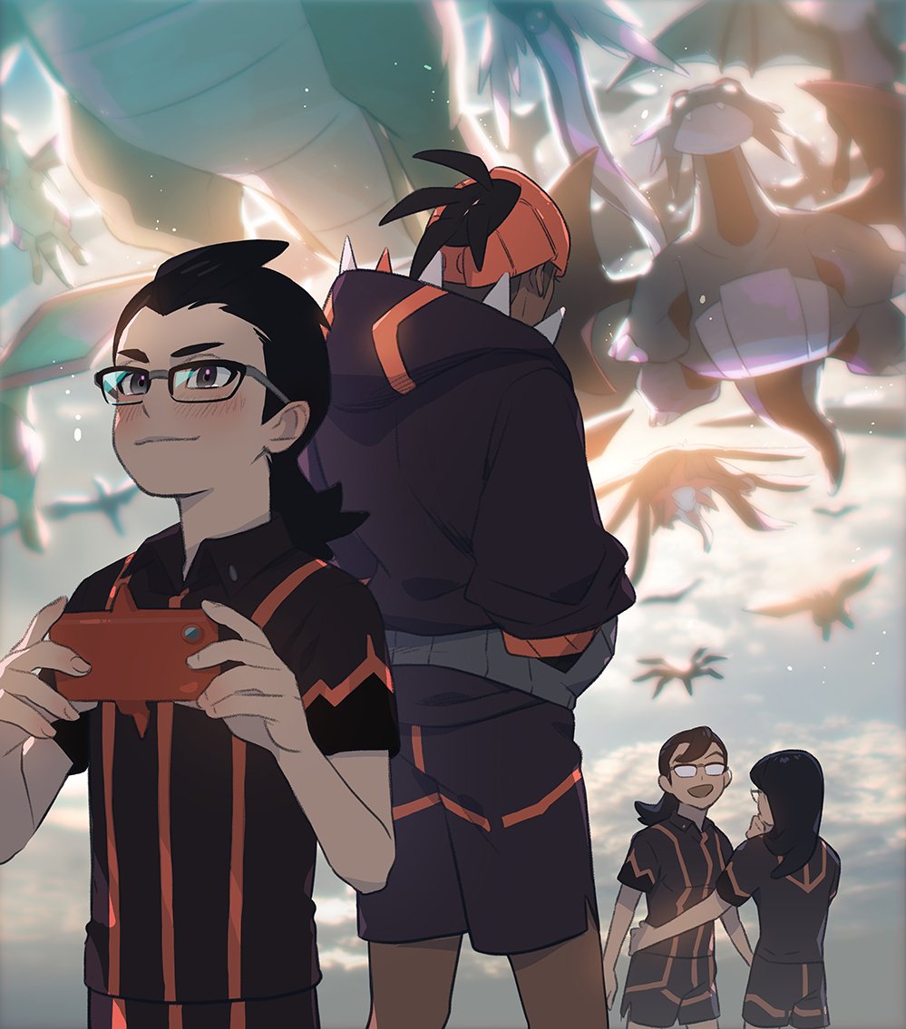 1girl 3boys black_hair black_hoodie blurry blush brown_hair closed_mouth collared_shirt commentary_request dark_skin dark_skinned_male dragonite flygon gen_1_pokemon gen_3_pokemon gen_4_pokemon gen_5_pokemon glasses gym_leader gym_trainer_(pokemon) hand_on_another's_waist holding hood hoodie hydreigon korean_commentary mikripkm multiple_boys orange_headwear pokemon pokemon_(creature) pokemon_(game) pokemon_swsh raihan_(pokemon) rotom rotom_phone salamence shirt shorts side_slit side_slit_shorts