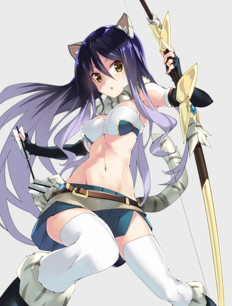 1girl animal_ears arrow_(projectile) belt bikini black_footwear black_gloves black_hair boots bow_(weapon) breasts brown_belt brown_eyes cat_ears cat_tail commentary elbow_gloves fingerless_gloves fur-trimmed_boots fur_collar fur_trim gloves green_skirt holding holding_arrow holding_bow_(weapon) holding_weapon kuro_work long_hair looking_at_viewer medium_breasts miniskirt navel parted_lips pleated_skirt princess_connect! princess_connect!_re:dive quiver shiori_(princess_connect!) simple_background skirt solo standing swimsuit tail thigh-highs very_long_hair weapon white_bikini white_legwear