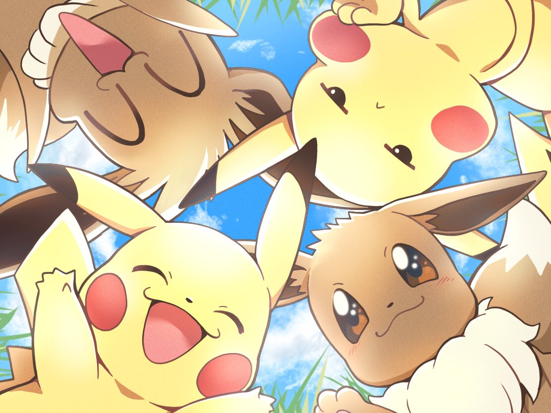 :&lt; black_eyes blush brown_eyes closed_eyes closed_mouth clouds commentary_request day eevee from_below gen_1_pokemon gotcha! grass nagi_(exsit00) no_humans open_mouth outdoors pikachu pokemon pokemon_(creature) sky smile