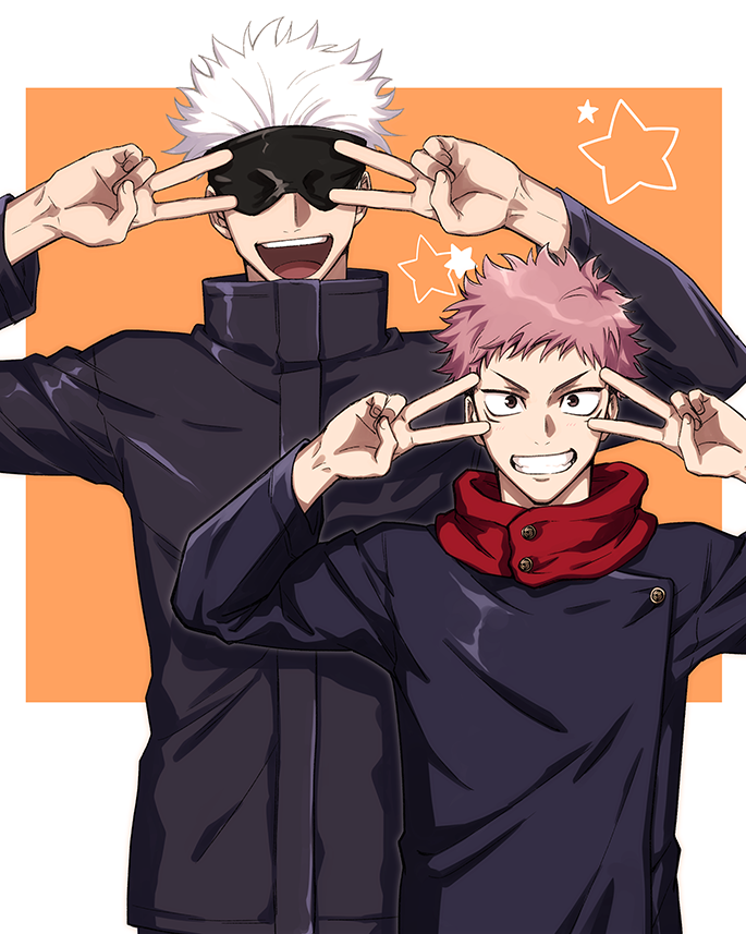 2boys :d arms_up black_jacket blindfold brown_eyes brown_hair covered_eyes double_v facial_mark gakuran gojou_satoru grin high_collar hood hood_down hoodie itadori_yuuji jacket jujutsu_kaisen long_sleeves looking_at_viewer male_focus multiple_boys open_mouth orange_background red_hoodie school_uniform short_hair simple_background smile standing star_(symbol) two-tone_background upper_body upper_teeth v v-shaped_eyebrows white_background white_hair yo_korasho