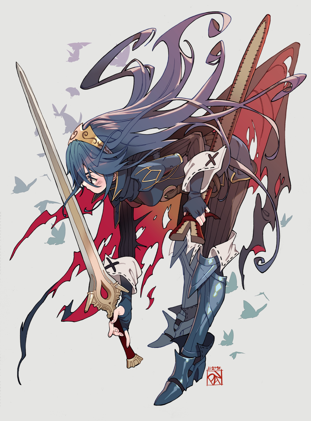 1girl armored_boots artist_logo bent_over black_bodysuit black_cape blue_eyes blue_footwear blue_gloves blue_hair blush bodysuit boots breasts bug butterfly cape closed_mouth commentary dated english_commentary eyelashes falchion_(fire_emblem) fingerless_gloves fire_emblem fire_emblem_awakening from_side full_body gloves grey_background highres holding holding_sword holding_weapon insect long_hair lucina_(fire_emblem) medium_breasts poch4n profile ribbed_bodysuit scabbard sheath simple_background solo standing sword tiara torn_cape torn_clothes unsheathed weapon wrist_cuffs
