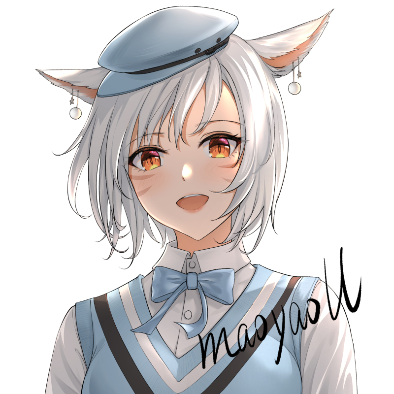 1girl :d animal_ears artist_name bangs blue_bow blue_headwear blush bow cabbie_hat cat_ears collared_shirt commentary_request dress_shirt ear_piercing eyebrows_visible_through_hair final_fantasy final_fantasy_xiv hair_between_eyes hat looking_at_viewer maoyao-ll mini_hat miqo'te open_mouth orange_eyes piercing school_uniform shirt short_hair signature simple_background smile solo sweater_vest upper_body upper_teeth whisker_markings white_background white_hair white_shirt