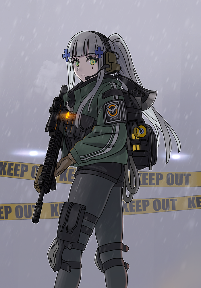 1girl agent_416_(girls_frontline) assault_rifle axe backpack bag bangs black_legwear black_shorts blunt_bangs brown_gloves caution_tape facial_mark girls_frontline gloves green_eyes green_jacket gun hair_ornament headphones headset hk416_(girls_frontline) holding holding_gun holding_weapon jacket keep_out knee_pads laser_pointer long_hair long_sleeves looking_at_viewer p416 pantyhose ponytail pouch rifle scope short_shorts shorts silver_hair solo tab_(tabkun) teardrop thigh_pouch tom_clancy's_the_division weapon