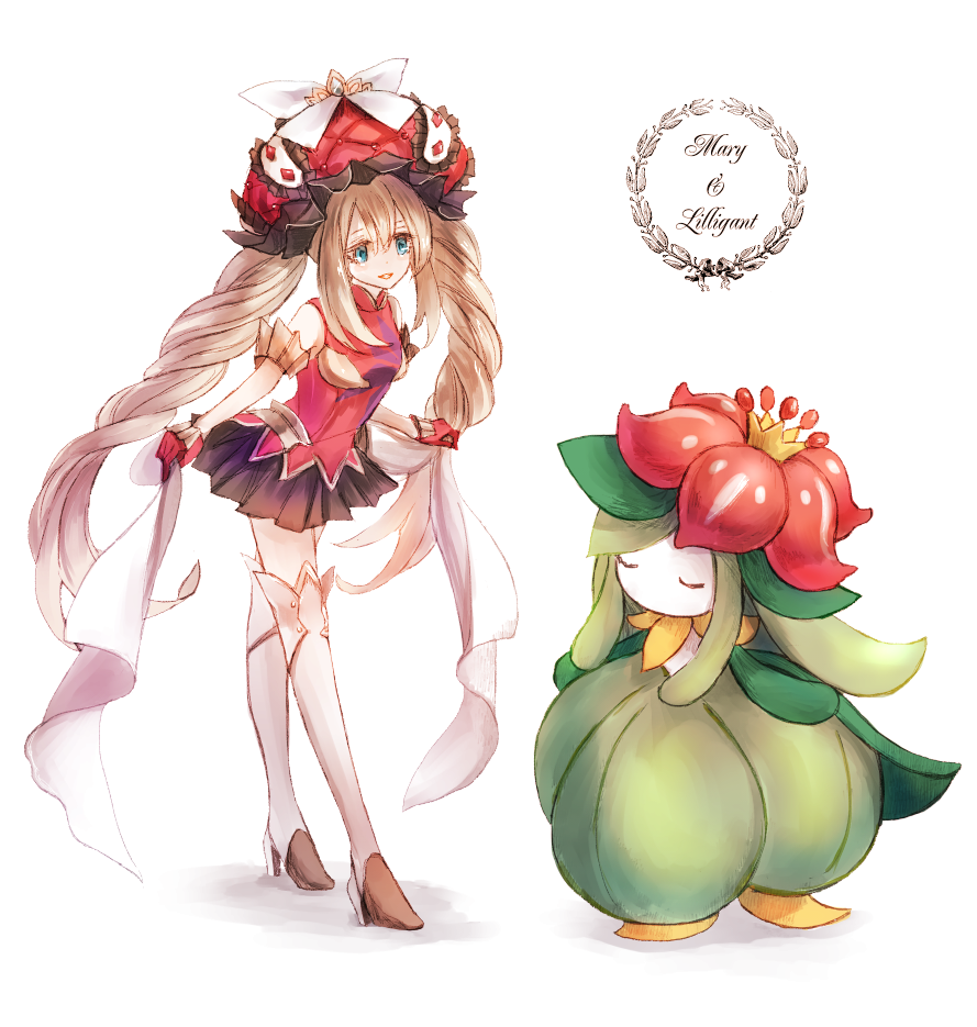1girl black_skirt blue_eyes boots byuura_(sonofelice) character_name crossover fate/grand_order fate_(series) frilled_hat frills gen_5_pokemon gloves hat holding holding_ribbon knee_boots large_hat lilligant long_hair marie_antoinette_(fate/grand_order) pokemon pokemon_(creature) red_gloves red_headwear ribbon silver_hair skirt twintails very_long_hair white_background white_footwear white_ribbon
