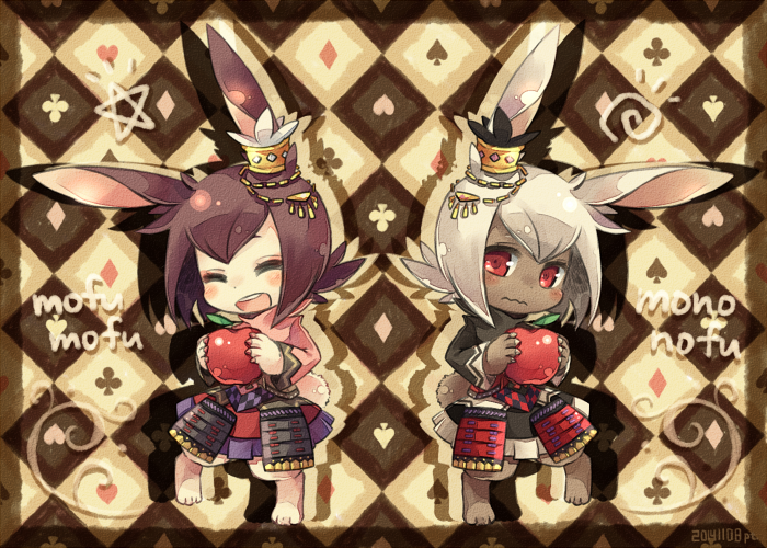 2girls :d animal_ears apple armor blush brown_hair chibi closed_eyes club_(shape) diamond_(shape) food fruit furry grey_fur heart mononofu_(sekaiju) multiple_girls open_mouth pote_(ptkan) red_eyes romaji_text sekaiju_no_meikyuu sekaiju_no_meikyuu_4 smile spade_(shape) wavy_mouth white_hair