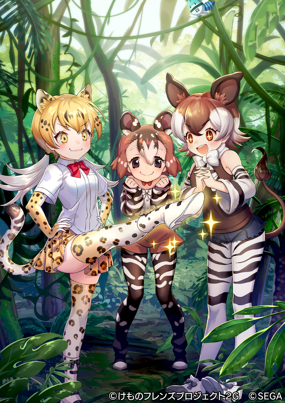 +_+ 3girls :3 animal_ears animal_print baird's_tapir_(kemono_friends) bare_shoulders blonde_hair blush boots bow bowtie brown_eyes brown_hair brown_shorts brown_vest center_frills choker collared_shirt commentary_request ctake02 denim denim_shorts detached_sleeves elbow_gloves extra_ears eyebrows_visible_through_hair frills gloves highres kemono_friends kemono_friends_3 leopard_(kemono_friends) leopard_ears leopard_girl leopard_print leopard_tail multicolored_hair multiple_girls official_art okapi_(kemono_friends) okapi_ears okapi_tail pantyhose pleated_skirt print_gloves print_legwear print_skirt red_neckwear shirt short_hair short_shorts short_sleeves shorts skirt sleeveless smug standing standing_on_one_leg striped striped_legwear striped_sleeves tail tapir_ears tapir_girl tapir_tail thigh-highs twintails vest white_hair white_neckwear white_shirt yellow_eyes zebra_print zettai_ryouiki