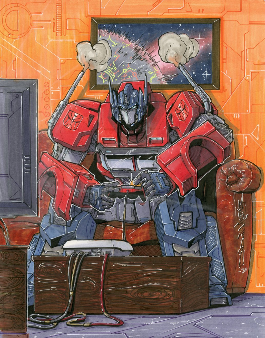 1boy alex_milne autobot blue_eyes commission controller couch english_commentary game_controller highres holding holding_controller holding_game_controller insignia mecha no_humans optimus_prime playing_games sitting smoke solo the_transformers_(idw) traditional_media transformers