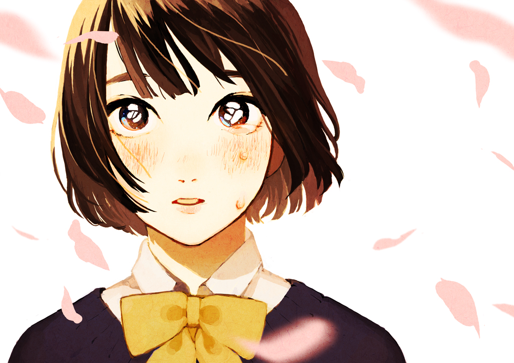 1girl blush bow brown_eyes brown_hair crying emu_taro looking_at_viewer original parted_lips petals pink_lips shiny short_hair solo tears teeth upper_body white_background yellow_bow