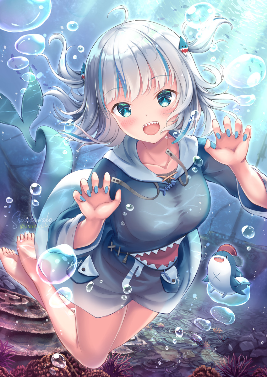 1girl :d ahoge air_bubble barefoot bloop_(gawr_gura) blue_eyes blue_hair blue_hoodie blue_nails breasts bubble claw_pose collarbone commentary_request day drawstring fish_tail gawr_gura hair_ornament hands_up highres hololive hololive_english hood hood_down hoodie long_sleeves looking_at_viewer multicolored_hair nail_polish open_mouth outdoors shark_tail sharp_teeth shirakawako small_breasts smile soles streaked_hair tail teeth two_side_up underwater virtual_youtuber water