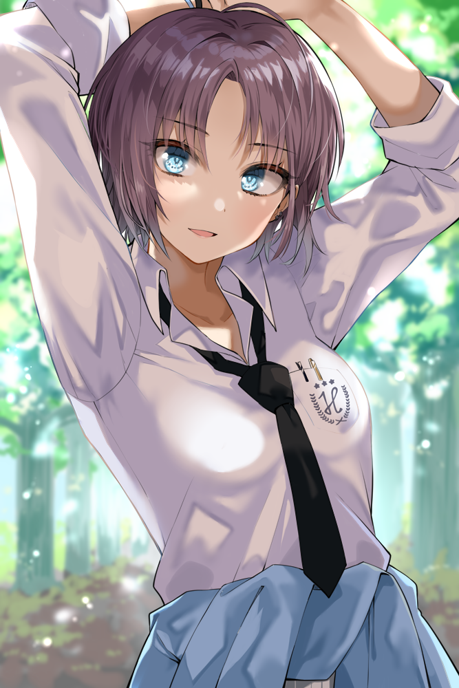 1girl arms_up asakura_tooru bangs black_neckwear blue_cardigan blue_eyes blurry blurry_background breasts brown_hair cardigan cardigan_around_waist clothes_around_waist collared_shirt day depth_of_field eyebrows_visible_through_hair gomashi_(goma) idolmaster idolmaster_shiny_colors long_sleeves looking_at_viewer necktie outdoors parted_bangs parted_lips shirt short_hair small_breasts smile solo tree white_shirt