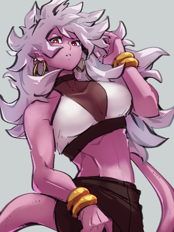 1girl alternate_costume android_21 bracelet breasts dragon_ball dragon_ball_fighterz earrings grey_background hand_up hoop_earrings jewelry kemachiku long_hair looking_at_viewer majin_android_21 medium_breasts midriff navel pink_skin pointy_ears red_eyes simple_background solo tail white_hair