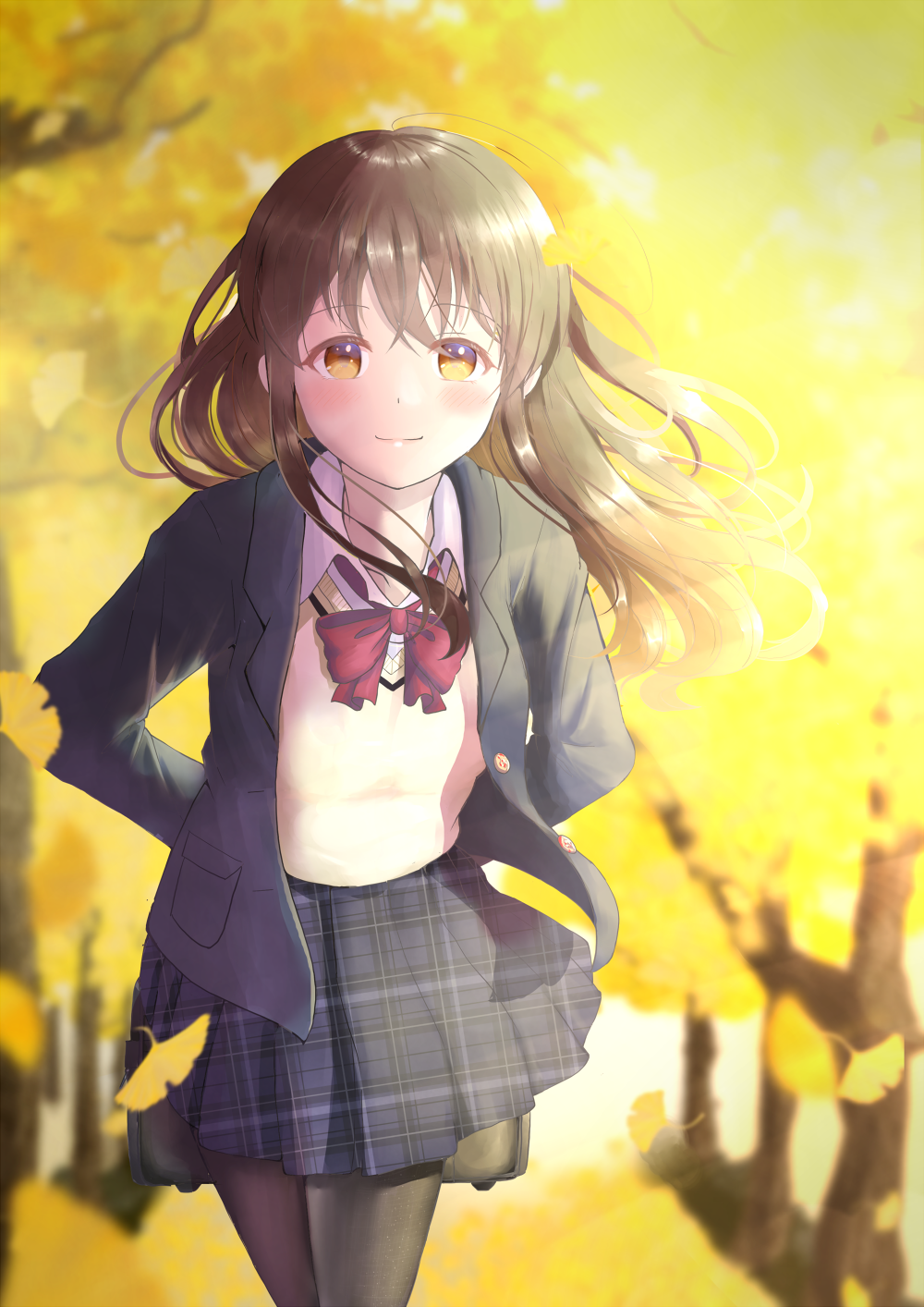 1girl arms_behind_back autumn_leaves bag black_legwear blazer blurry blurry_background bow bowtie brown_eyes brown_hair commentary cowboy_shot day dress_shirt ginkgo_leaf hair_between_eyes hair_blowing highres jacket juuzou_(juzo1107) light_blush light_smile looking_at_viewer open_clothes open_jacket original outdoors pantyhose plaid plaid_skirt pleated_skirt red_neckwear school_bag school_uniform shirt skirt solo standing sweater_vest tree white_shirt wind wind_lift