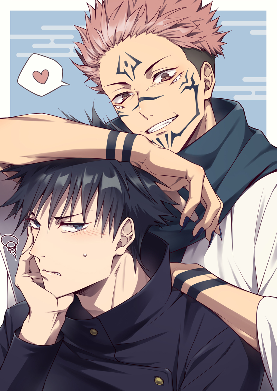 2boys bangs black_eyes black_hair black_jacket black_nails black_scarf brown_hair chin_rest commentary_request extra_eyes facial_tattoo fingernails frown fushiguro_megumi gakuran grin hair_between_eyes heart high_collar highres itadori_yuuji jacket japanese_clothes jujutsu_kaisen kimono long_fingernails long_sleeves looking_at_viewer male_focus multiple_boys ryoumen_sukuna_(jujutsu_kaisen) scarf school_uniform short_hair smile speech_bubble spiky_hair squiggle tattoo toujou_masateru undercut upper_body white_kimono