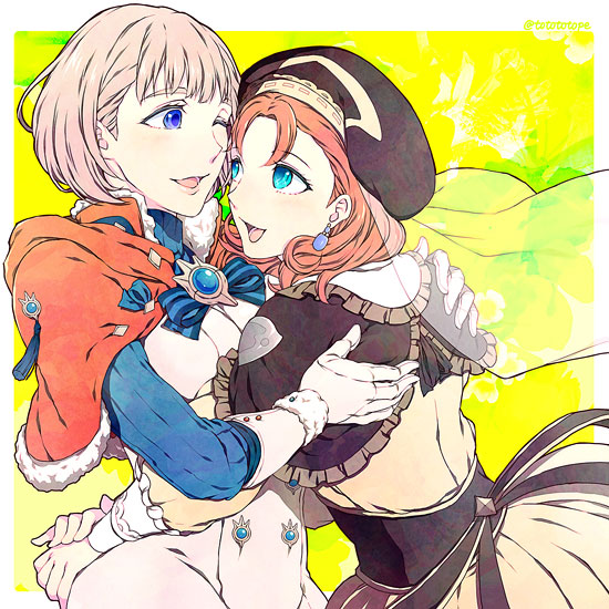 2girls annette_fantine_dominic annette_fantine_dominic_(cosplay) blonde_hair blue_eyes capelet cosplay costume_switch earrings fire_emblem fire_emblem:_three_houses gloves hat hug jewelry looking_at_another mercedes_von_martritz mercedes_von_martritz_(cosplay) multiple_girls orange_hair ribbon short_hair totototope upper_body