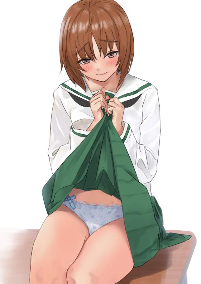 1girl bangs black_neckwear blouse blue_panties blush bow bow_panties brown_eyes brown_hair closed_mouth commentary_request desk eyebrows_visible_through_hair frown girls_und_panzer green_skirt half-closed_eyes hami_dmg lifted_by_self long_sleeves miniskirt neckerchief nishizumi_miho on_desk ooarai_school_uniform panties partial_commentary pleated_skirt print_panties sailor_collar school_desk school_uniform serafuku short_hair simple_background sitting skirt solo underwear white_background white_blouse white_sailor_collar