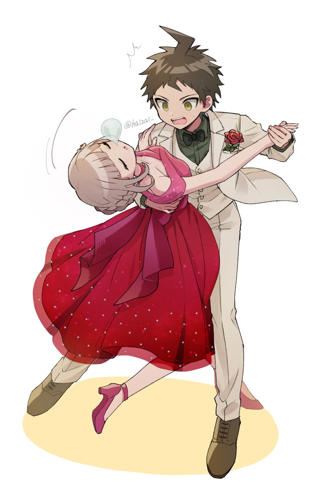 1boy 1girl ahoge alternate_costume arm_around_back artist_name bangs black_bow bow bowtie braid breasts brown_footwear brown_hair closed_eyes collared_shirt commentary_request dancing dangan_ronpa dress flower formal full_body hand_on_another's_shoulder high_heels highres hinata_hajime holding_hand leaning_forward light_brown_hair long_dress long_sleeves looking_at_another medium_breasts nanami_chiaki open_mouth pants pink_footwear red_dress red_flower red_rose rose shirt short_hair simple_background sleeping smile suit super_dangan_ronpa_2 takagiri white_pants white_suit