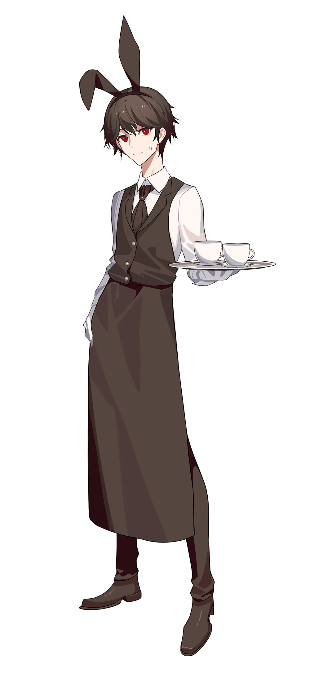 1boy animal_ears black_footwear black_neckwear brown_hair closed_mouth commission cup fake_animal_ears floppy_ears gloves hair_between_eyes hand_on_hip highres holding holding_plate male_focus original plate rabbit_ears red_eyes simple_background solo standing sweat teacup tsuki-shigure waiter white_background white_gloves