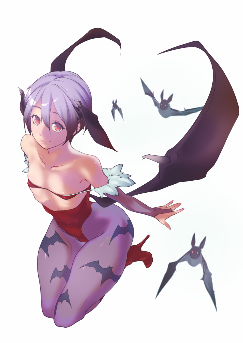 1girl animal animal_print bare_shoulders bat bat_print breasts bridal_gauntlets closed_mouth collarbone covered_navel covered_nipples demon demon_girl demon_wings fur_trim hair_between_eyes head_wings high_heels highres lilith_aensland looking_at_viewer low_wings ngra201 pantyhose purple_hair red_eyes red_footwear short_hair simple_background small_breasts smile solo succubus vampire_(game) white_background wings