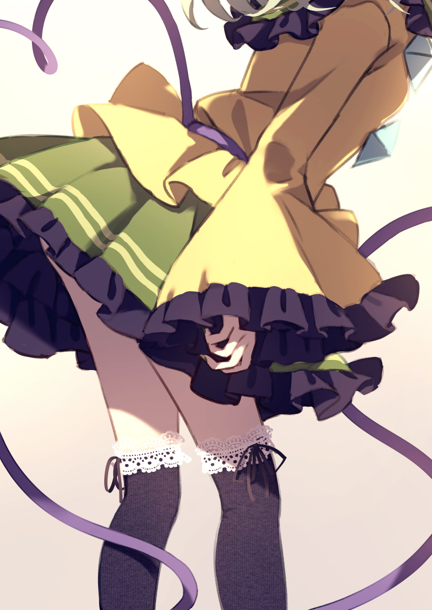 1girl black_headwear black_legwear commentary_request dise frilled_skirt frills green_nails green_skirt hat head_out_of_frame highres komeiji_koishi leg_garter long_sleeves lower_body nail_polish shirt simple_background skirt sleeves_past_wrists solo standing tail thigh-highs third_eye touhou yellow_shirt