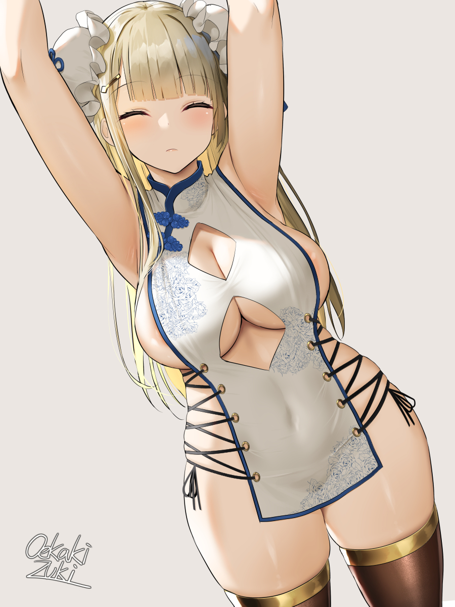 1girl armpits arms_up bangs bare_shoulders black_legwear blonde_hair blush breasts bun_cover china_dress chinese_clothes cleavage_cutout closed_eyes closed_mouth clothing_cutout commentary_request cross-laced_clothes cross-laced_slit double_bun dress highres large_breasts legs long_hair looking_at_viewer mole mole_on_breast oekakizuki original pelvic_curtain revealing_clothes side_slit sideboob skindentation smile thick_thighs thigh-highs thighs