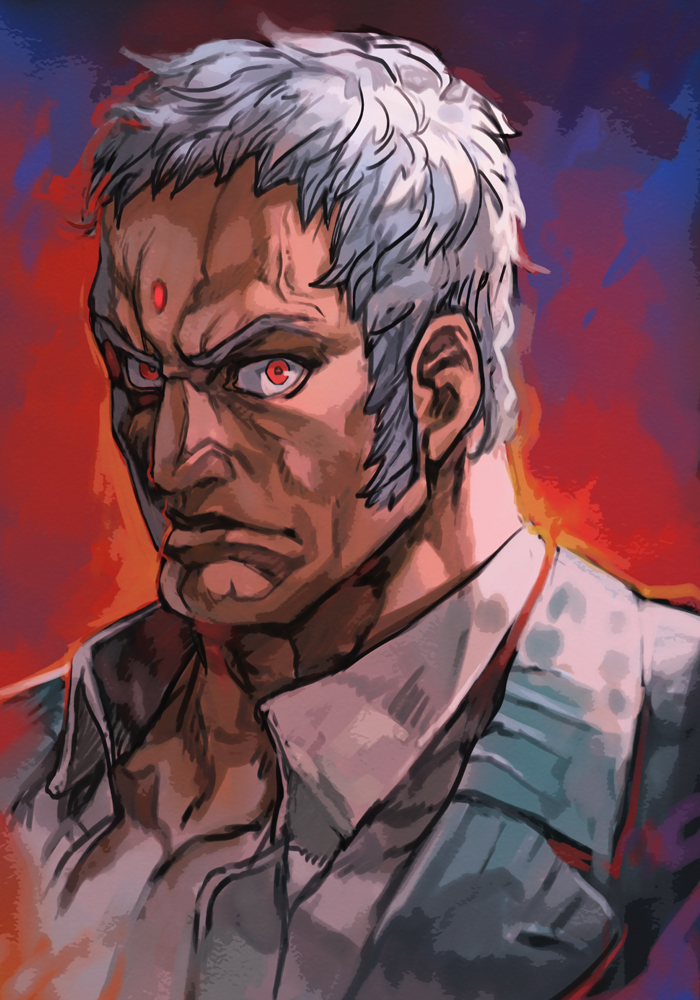 1boy blue_eyes closed_mouth curly_hair dark_skin dark_skinned_male forehead_jewel formal grey_suit hankuri hankuri looking_at_viewer male_focus manly muscle red_eyes shirt sideburns simple_background solo street_fighter street_fighter_v suit upper_body urien white_hair white_shirt