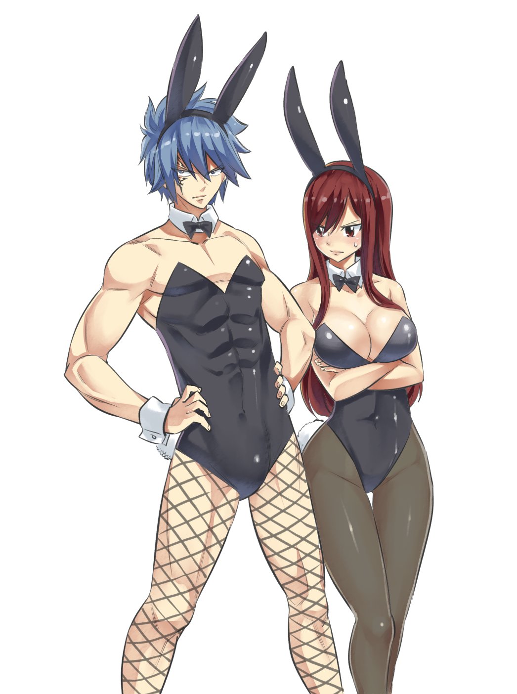 1boy 1girl animal_ears blue_eyes blue_hair bow bowtie breasts brown_eyes covered_navel crossed_arms detached_collar erza_scarlet facial_tattoo fairy_tail fake_animal_ears fake_tail fishnet_legwear fishnets hair_between_eyes hands_on_hips headband highres jellal_fernandes large_breasts leotard long_hair looking_at_another looking_at_viewer male_playboy_bunny mashima_hiro pantyhose playboy_bunny rabbit_ears rabbit_tail redhead simple_background strapless strapless_leotard sweatdrop tail tattoo white_background wrist_cuffs