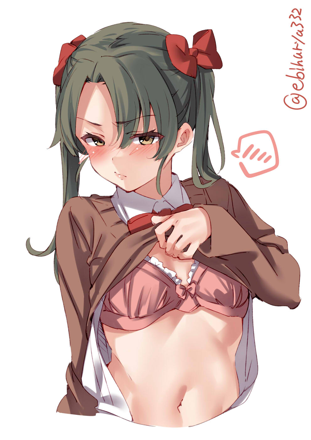 1girl blouse blush bra brown_shirt closed_mouth cropped_torso ebifurya eyebrows_visible_through_hair green_eyes green_hair highres kantai_collection lifted_by_self long_hair long_sleeves navel pink_bra shirt shirt_lift simple_background solo spoken_blush twintails twitter_username underwear white_background white_blouse zuikaku_(kantai_collection)