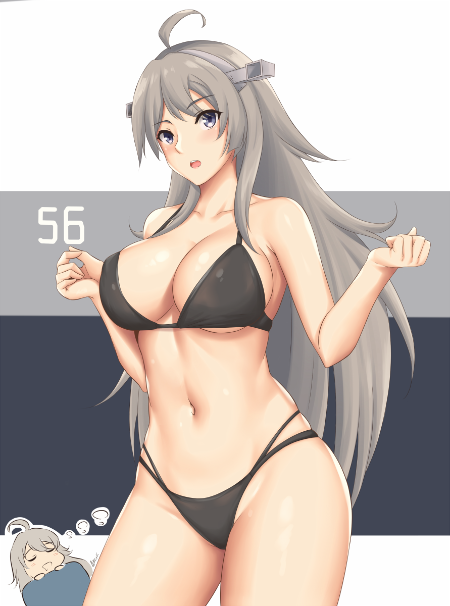 1girl ahoge arciealbano bare_arms bare_legs bare_shoulders bikini black_bikini breasts collarbone eyebrows_visible_through_hair grey_eyes groin headgear highres kantai_collection large_breasts long_hair navel open_mouth silver_hair solo swimsuit washington_(kantai_collection)