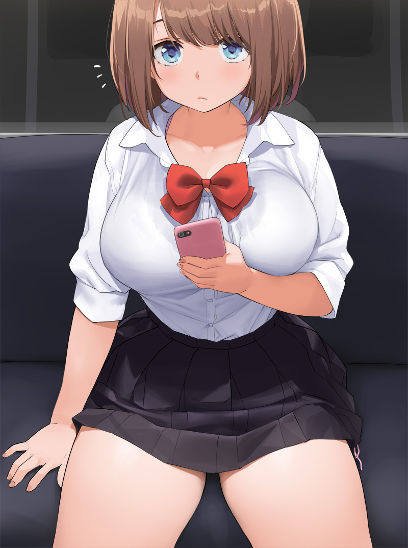 1girl bangs black_shirt blue_eyes blush bow bowtie breasts brown_hair cellphone commentary_request holding holding_phone kaisen_chuui large_breasts original panties phone pleated_skirt red_bow red_neckwear school_uniform shirt short_hair short_sleeves side-tie_panties side-tie_peek sitting skirt smartphone solo train_interior underwear white_shirt