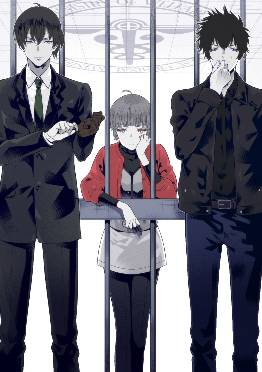 1girl 2boys belt black_hair brown_hair cigarette commentary formal ginoza_nobuchika gloves green_neckwear highres jacket kougami_shin'ya kuso_bba long_sleeves multiple_boys necktie psycho-pass short_hair smoking suit tsunemori_akane