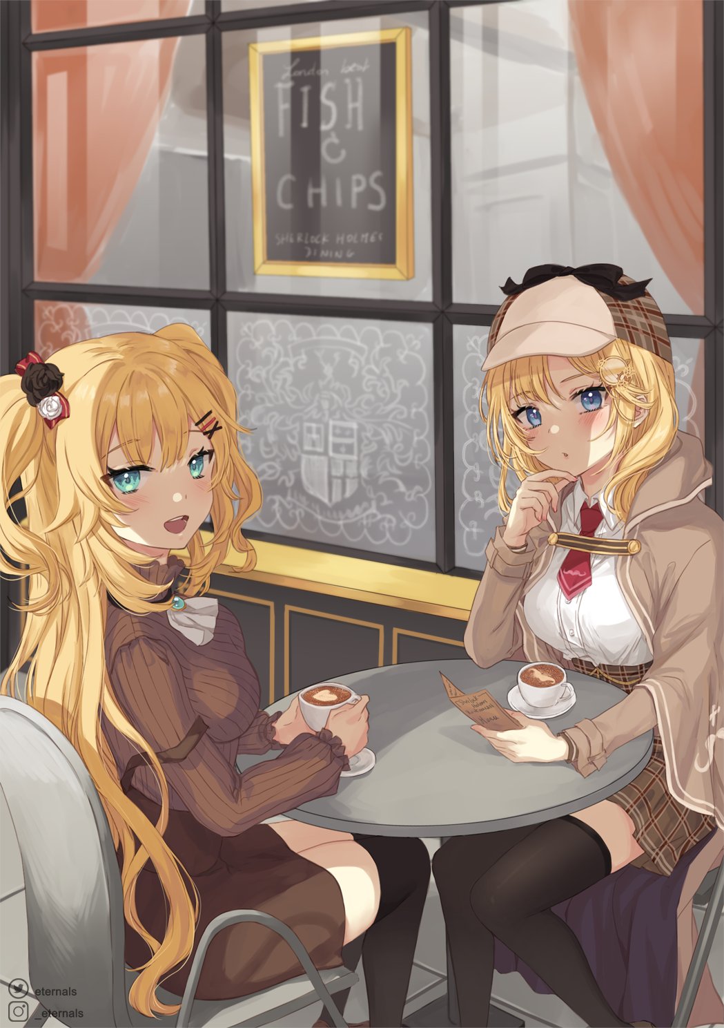 2girls akai_haato alternate_costume ascot blonde_hair blue_eyes bow breasts brooch brown_dress brown_headwear capelet commentary cup dress england english_commentary green_eyes hair_bow hair_ornament hairclip hanging_plant hat hat_bow high-waist_skirt high_collar highres holding holding_cup holding_paper hololive hololive_english indoors jewelry large_breasts long_hair looking_at_viewer looking_back monocle_hair_ornament multiple_girls necktie open_mouth orange_background paper red_neckwear restaurant revision saucer shirt short_necktie sitting sketch skirt striped table teacup ten-chan_(eternal_s) thigh-highs trait_connection trench_coat tsurime two_side_up vertical-striped_dress vertical_stripes very_long_hair watson_amelia white_shirt window x_hair_ornament