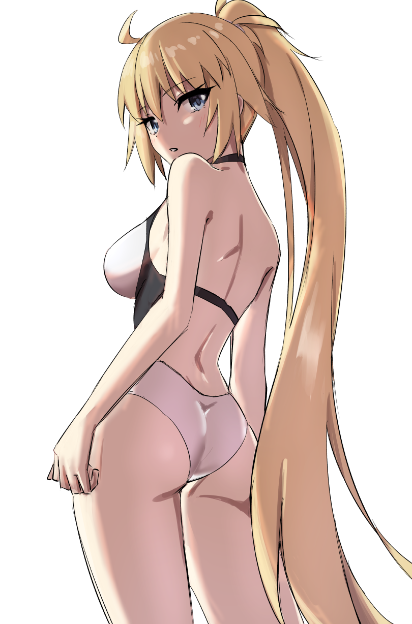 1girl ass back bangs blonde_hair blue_eyes breasts elfenlied22 fate/grand_order fate_(series) highres jeanne_d'arc_(fate)_(all) jeanne_d'arc_(swimsuit_archer) long_hair looking_at_viewer looking_back number ponytail swimsuit thighs very_long_hair white_swimsuit