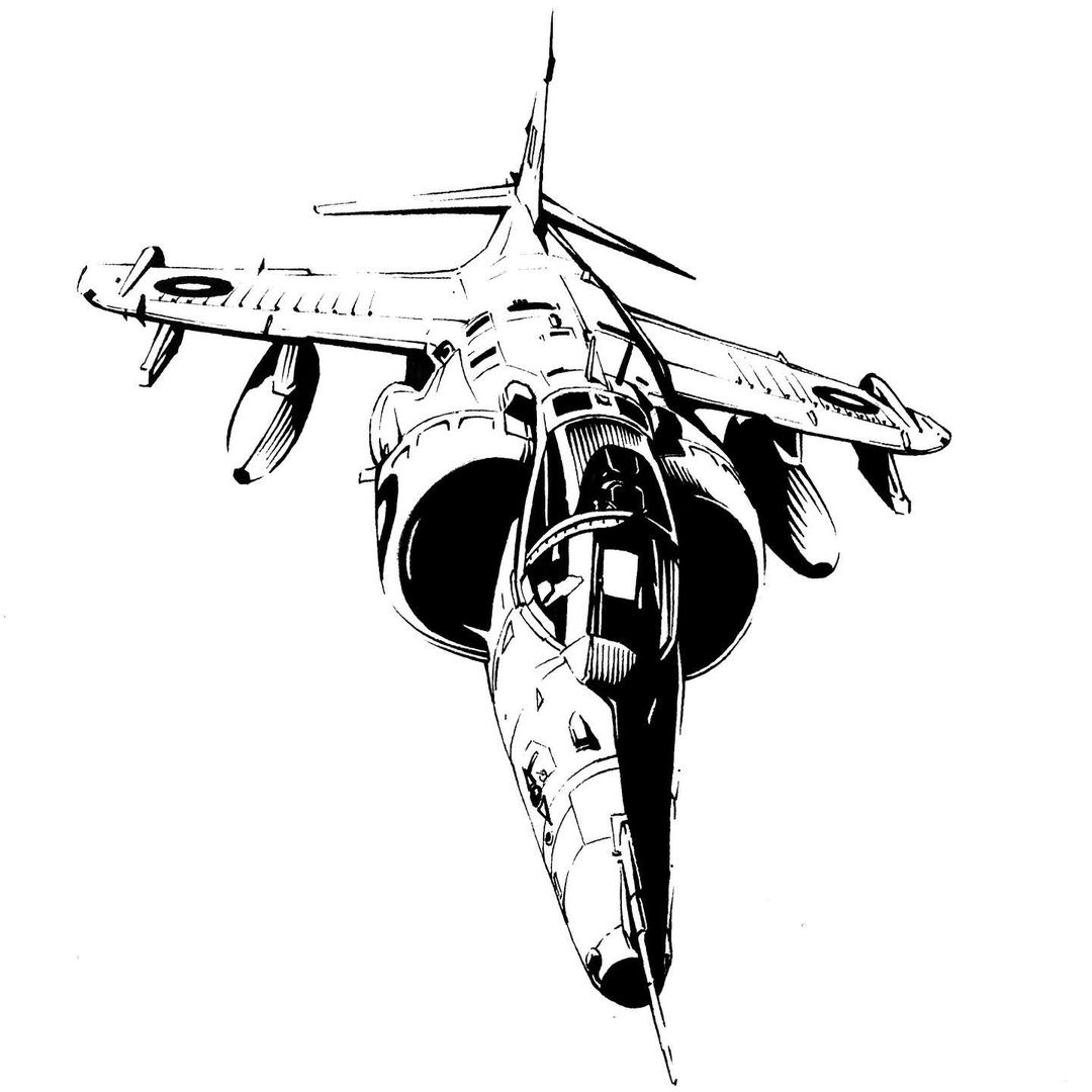 aircraft airplane fighter_jet flying harrier_jump_jet jet military military_vehicle missile monochrome no_humans original reece_b_scott vehicle_focus white_background