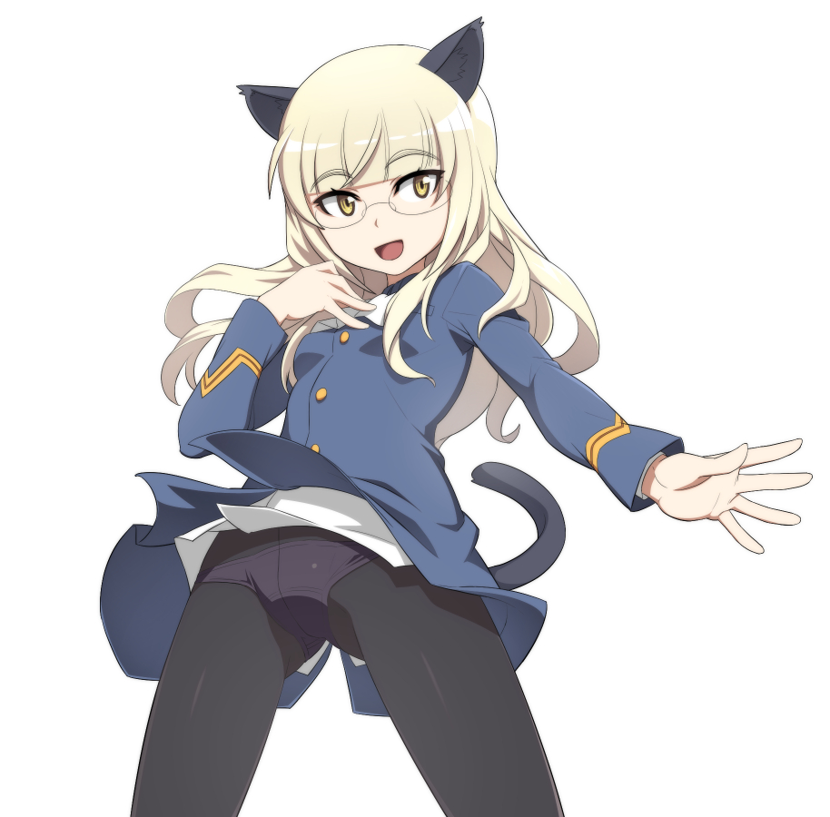 1girl animal_ears ascot bangs black_legwear blonde_hair blue_jacket blunt_bangs cat_ears cat_tail commentary cowboy_shot crotch_seam eyebrows_visible_through_hair gesture glasses hand_in_hair jacket long_hair long_sleeves looking_at_viewer military military_uniform nanashino open_mouth panties panties_under_pantyhose pantyhose perrine_h_clostermann simple_background smile solo standing strike_witches tail underwear uniform white_background white_neckwear world_witches_series yellow_eyes