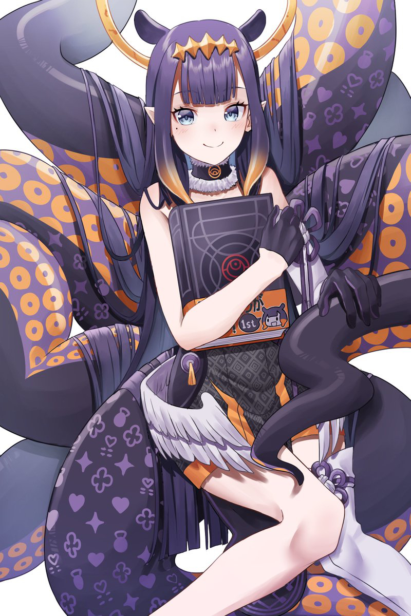 1girl abo_leen ao-chan_(ninomae_ina'nis) bangs black_dress black_gloves blue_eyes blunt_bangs blunt_ends book closed_mouth dress eyelashes fur-trimmed_choker gloves hair_flowing_over half_gloves halo hand_on_tentacle highres holding holding_book holding_to_chest hololive hololive_english long_hair looking_at_viewer low_wings mole mole_under_eye ninomae_ina'nis pointy_ears purple_hair sidelocks simple_background single_thighhigh smile solo tassel tentacle_hair tentacles thigh-highs tsurime very_long_hair virtual_youtuber white_background white_legwear wings