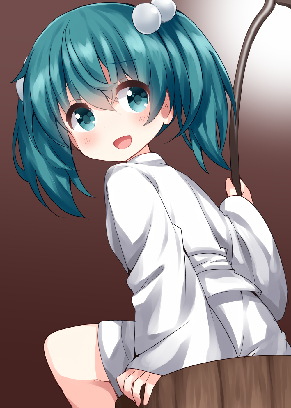 1girl bangs brown_background bucket eyebrows_visible_through_hair green_hair hair_bobbles hair_ornament highres kisume long_sleeves looking_at_viewer medium_hair open_mouth ruu_(tksymkw) shirt simple_background sitting smile solo touhou twintails white_shirt wide_sleeves wooden_bucket