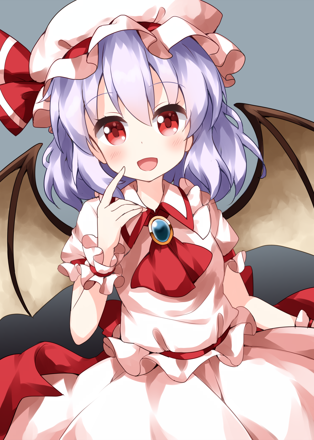 1girl ascot bangs bat_wings collared_shirt eyebrows_visible_through_hair grey_background highres index_finger_raised jewelry looking_at_viewer medium_hair open_mouth pink_shirt pink_skirt purple_hair red_eyes red_neckwear remilia_scarlet ruu_(tksymkw) shirt short_sleeves simple_background skirt smile solo touhou wings wrist_cuffs