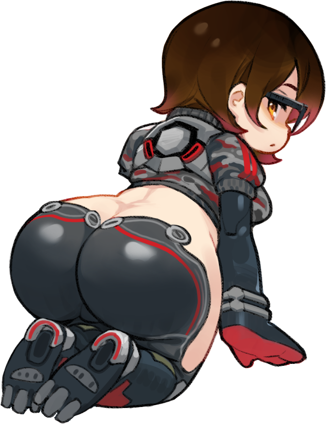 1girl android ass bent_over breasts brown_hair butt_crack cropped_jacket drawfag from_behind glasses gradient_hair hair_behind_ear hololive kneeling mechanical_legs medium_breasts multicolored_hair open_mouth pink_hair roboco-san short_hair solo transparent_background virtual_youtuber yellow_eyes