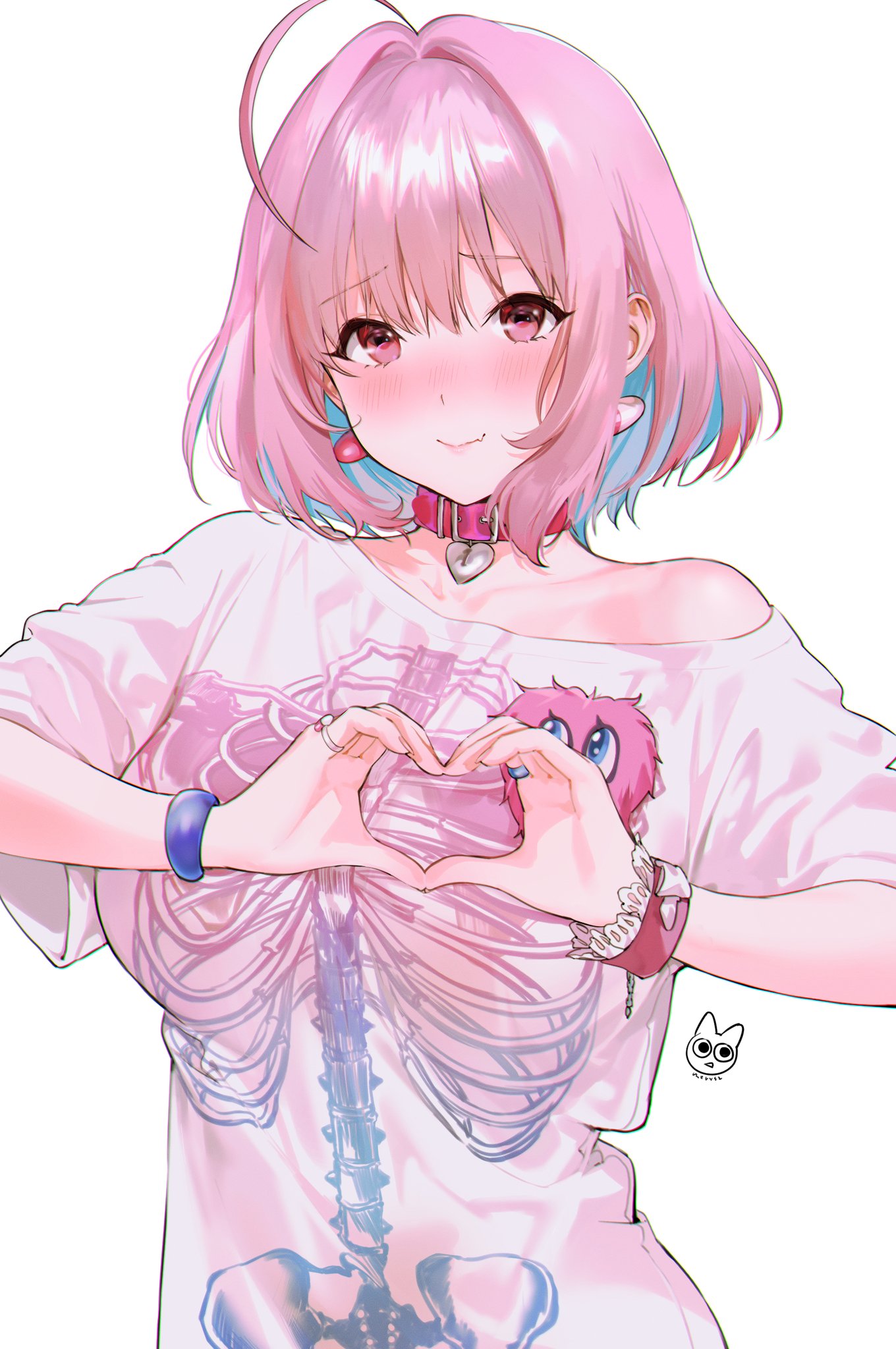 1girl ahoge bangle bangs blue_hair blush bracelet breasts closed_mouth collar collarbone earrings eyebrows_visible_through_hair fang hands_up heart heart-shaped_lock heart_hands highres idolmaster idolmaster_cinderella_girls jewelry large_breasts looking_at_viewer mery_(yangmalgage) nose_blush off-shoulder_shirt off_shoulder pill_earrings pink_eyes pink_hair raised_eyebrows shiny shiny_hair shirt short_hair short_sleeves simple_background single_bare_shoulder skeleton_print skin_fang smile solo upper_body white_background wristband yumemi_riamu