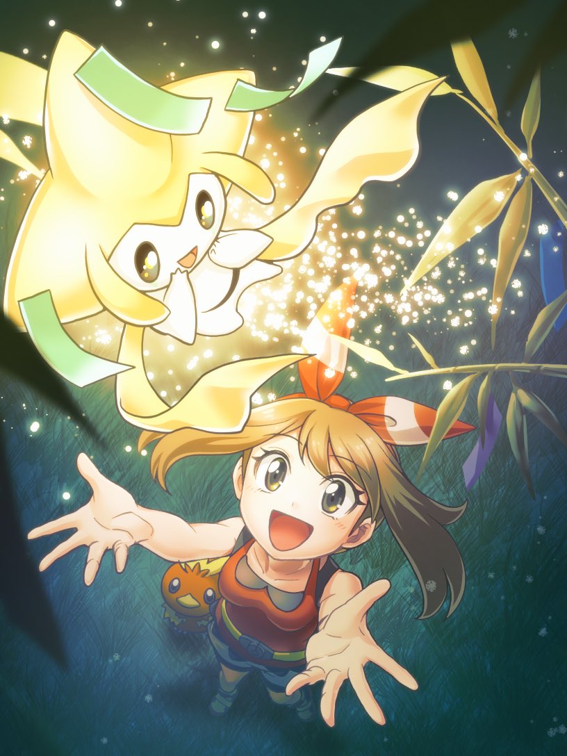 1girl :d arms_up bangs bare_arms bow_hairband brown_hair collarbone commentary_request eyebrows_visible_through_hair eyelashes from_above gen_3_pokemon glowing grass grey_eyes hairband jirachi may_(pokemon) mythical_pokemon nagi_(exsit00) night open_mouth outdoors pokemon pokemon_(creature) pokemon_(game) pokemon_oras red_hairband red_shirt shirt sleeveless sleeveless_shirt smile spread_fingers tongue torchic