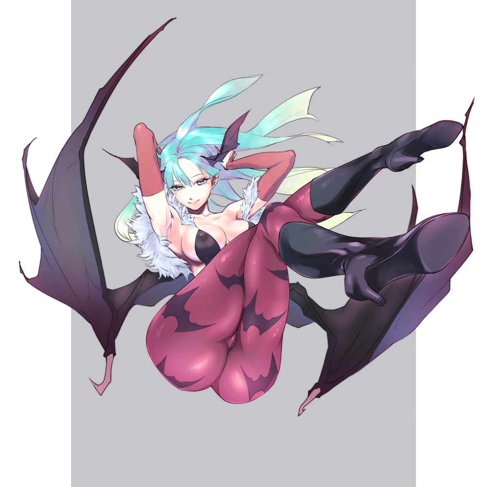 1girl animal_print arms_behind_head bat_print bat_wings black_footwear boots bridal_gauntlets commentary_request crossed_legs demon_girl green_hair head_wings leotard morrigan_aensland ngra201 pantyhose print_legwear purple_legwear purple_wings smile solo succubus vampire_(game) wings