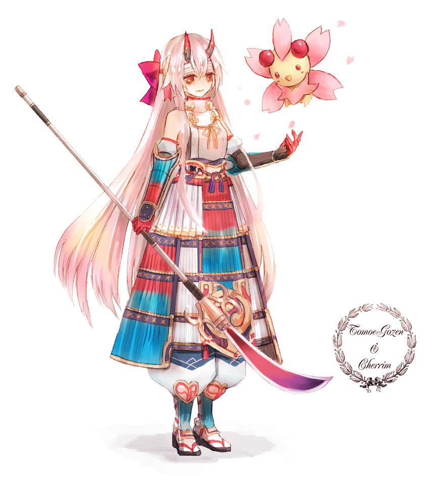 1girl armor bare_shoulders bow byuura_(sonofelice) cherrim crossover elbow_gloves fate/grand_order fate_(series) gen_4_pokemon gloves hair_bow hakama headband holding holding_naginata holding_spear holding_weapon horns horns_through_headwear japanese_armor japanese_clothes kote kusazuri long_hair naginata oni_horns petals pokemon pokemon_(creature) polearm red_bow red_eyes red_gloves red_horns sandals shadow silver_hair spear suneate tabi tomoe_gozen_(fate/grand_order) turtleneck very_long_hair weapon white_background white_hakama white_headband