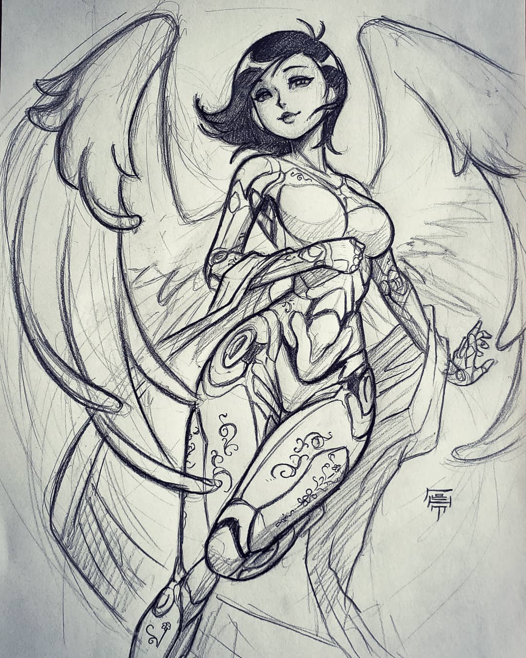 1girl android angel_wings breasts clenched_hand english_commentary floating_clothes floating_hair flying gally graphite_(medium) gunnm highres leadapprentice looking_at_viewer looking_down medium_breasts open_hand short_hair sketch smile solo traditional_media wings