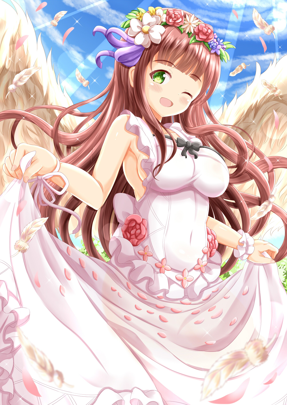 1girl ;d bangs bare_shoulders black_bow blush bow breasts brown_hair brown_wings commentary_request covered_navel day dress eyebrows_visible_through_hair feathered_wings flower flower_wreath gochuumon_wa_usagi_desu_ka? green_eyes head_wreath highres long_hair medium_breasts one_eye_closed open_mouth outdoors red_flower red_rose rose skirt_hold sleeveless sleeveless_dress smile solo ujimatsu_chiya very_long_hair white_dress white_flower wings yellow_flower zenon_(for_achieve)