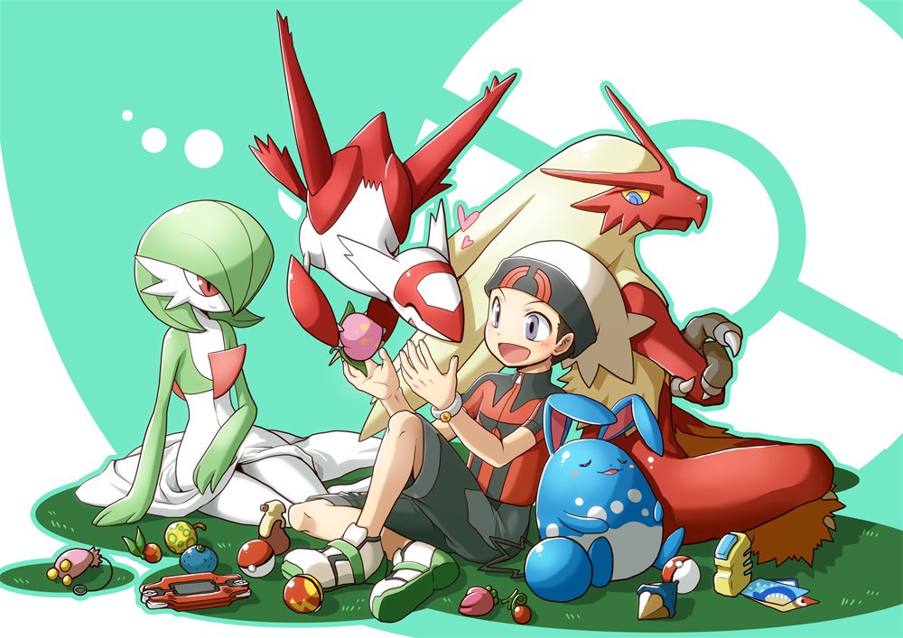 1boy :d azumarill beanie berry_(pokemon) blaziken blush bracelet brendan_(pokemon) brown_hair commentary_request gardevoir gen_2_pokemon gen_3_pokemon grass grey_eyes hat heart jewelry knees latias legendary_pokemon male_focus nagi_(exsit00) open_mouth outline poke_ball poke_ball_(basic) pokemon pokemon_(creature) pokemon_(game) pokemon_oras shoes short_sleeves shorts sitting smile white_headwear