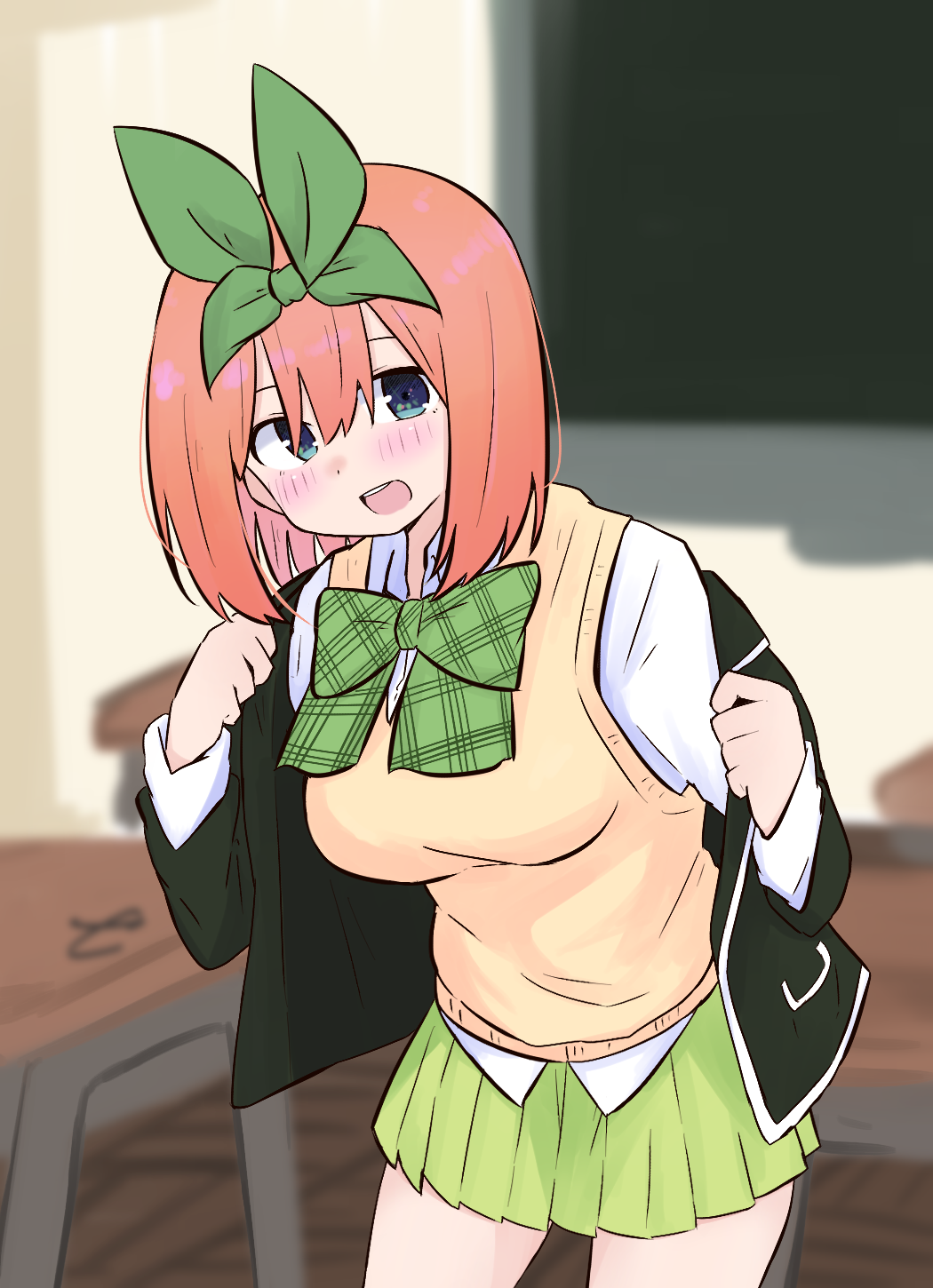 1girl :d bangs black_jacket blazer blue_eyes blurry blurry_background blush bow breasts collared_shirt depth_of_field desk eyebrows_behind_hair go-toubun_no_hanayome green_bow green_ribbon green_skirt hair_between_eyes hair_ribbon highres indoors jacket kujou_karasuma leaning_forward looking_at_viewer medium_breasts nakano_yotsuba open_blazer open_clothes open_jacket open_mouth pleated_skirt ribbon school_desk shirt skirt smile solo standing sweater_vest upper_teeth white_shirt