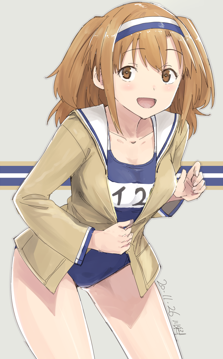 1girl alternate_sleeve_length blue_swimsuit brown_eyes brown_jacket grey_background hairband i-26_(kantai_collection) jacket kantai_collection kawashina_(momen_silicon) leaning_forward light_brown_eyes light_brown_hair long_hair name_tag new_school_swimsuit sailor_collar school_swimsuit smile solo swimsuit swimsuit_under_clothes two-tone_background two-tone_hairband two_side_up white_sailor_collar